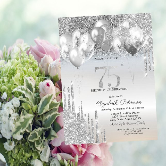 Invitación Globos con Goteo de Brillo Plateado Elegante para  (Subido por el creador)