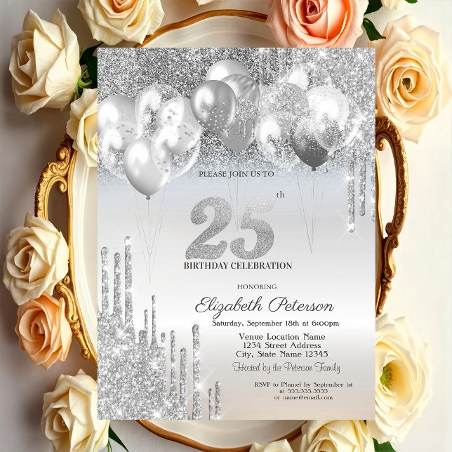 Invitación Globos con Goteo de Brillo Plateado Elegante para  (Subido por el creador)