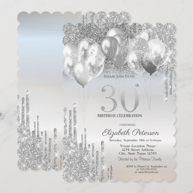 Invitación Globos con Goteo de Brillo Plateado Elegante para  (Anverso / Reverso)