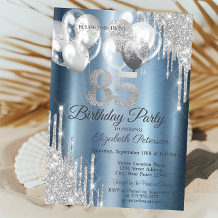 Invitación Globos con Goteo de Purpurina Plateada Metálico Az