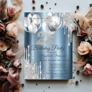 Invitación Globos con Goteo de Purpurina Plateada Metálico Az