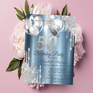 Invitación Globos con Goteo de Purpurina Plateada Metálicos A