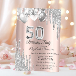 Invitación Globos con Goteo de Purpurina Plateada Rosa Dorado
