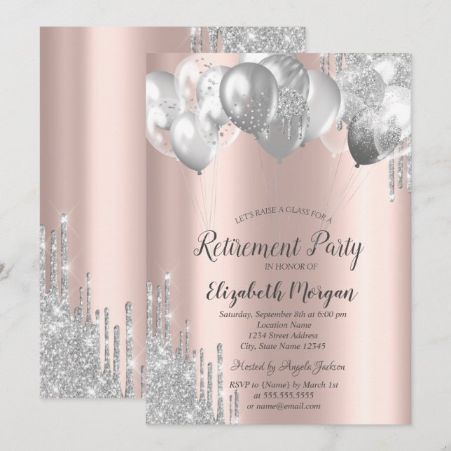 Invitación Globos con goteo de purpurina plateada Rosa Dorado (Anverso / Reverso)