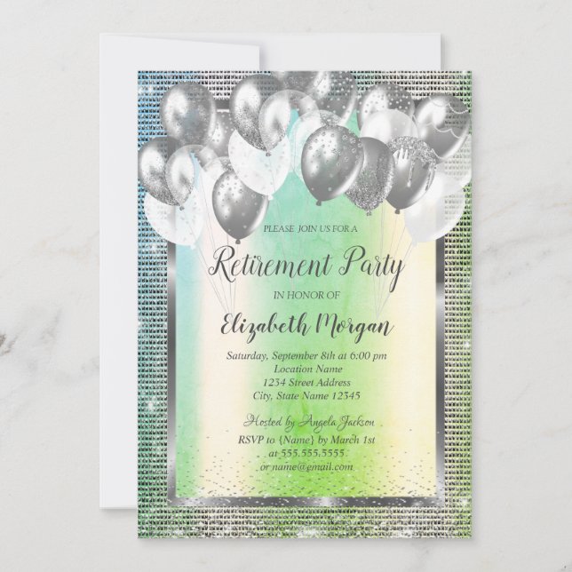 Invitación Globos con Marco de Lentejuelas Plateadas  Jubilac (Anverso)