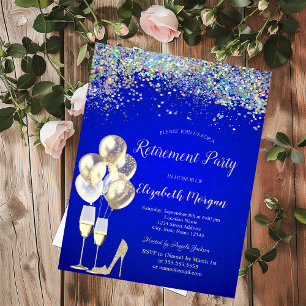 Invitación Globos, Confeti Colorido Azul Real Jubilación