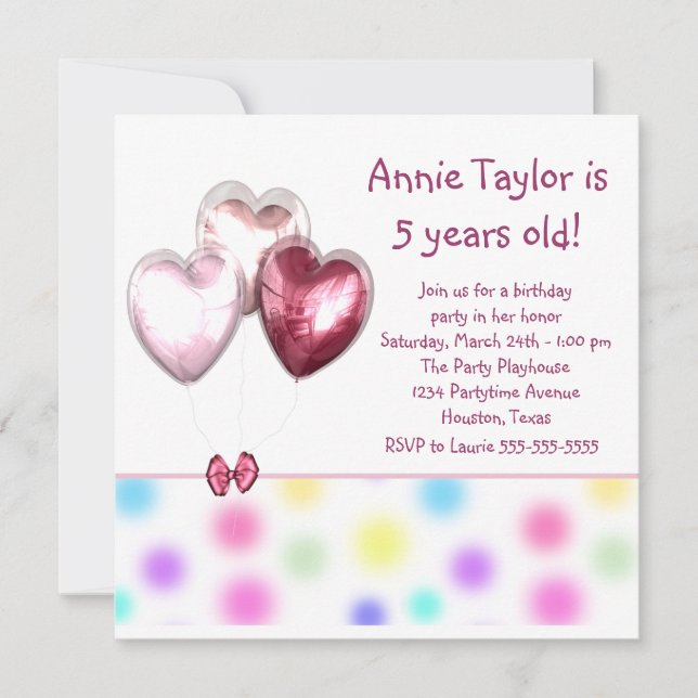 Invitación Globos Corazón Rosados Cumpleaños 5 Niñas (Anverso)