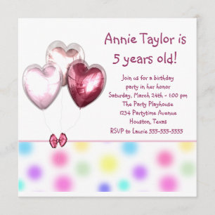 Invitación Globos Corazón Rosados Cumpleaños 5 Niñas