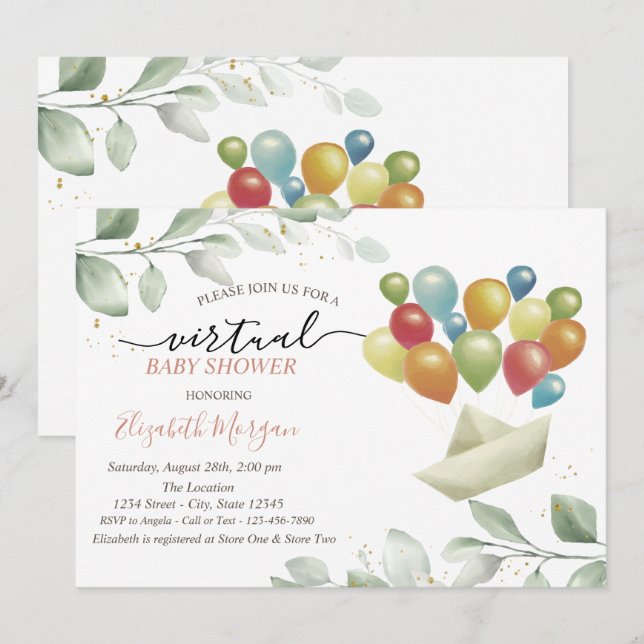 Invitación Globos Correo Hojas Ducha Virtual del Bebe (Anverso / Reverso)