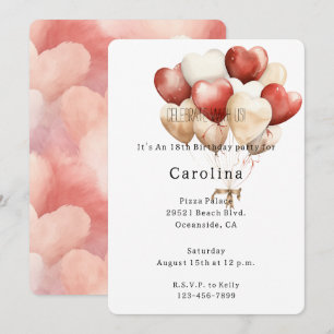 Invitación Globos Cumpleaños Corazones Blancos Crema Rojos