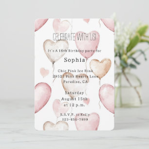 Invitación Globos Cumpleaños Corazones Blancos Rosados