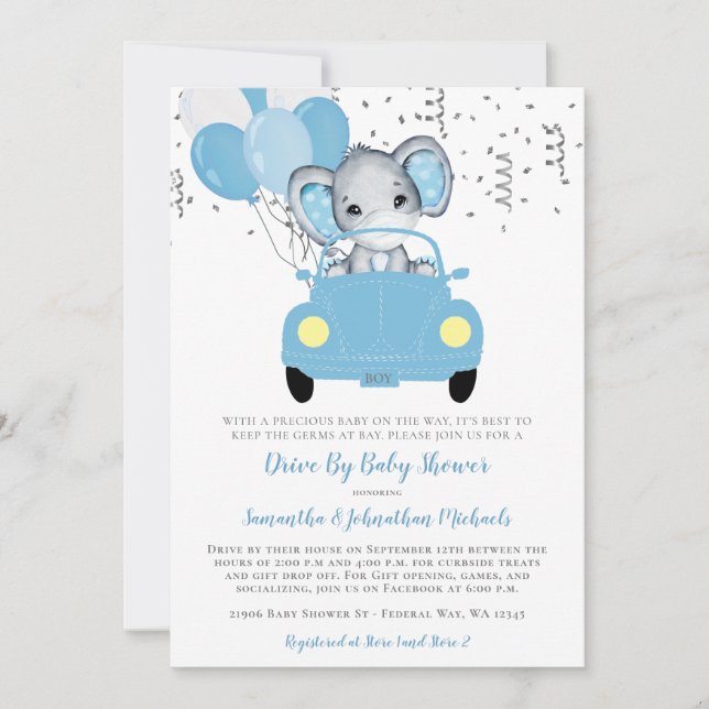 Invitación Globos Cute Boy Elephant En Baby Shower (Anverso)