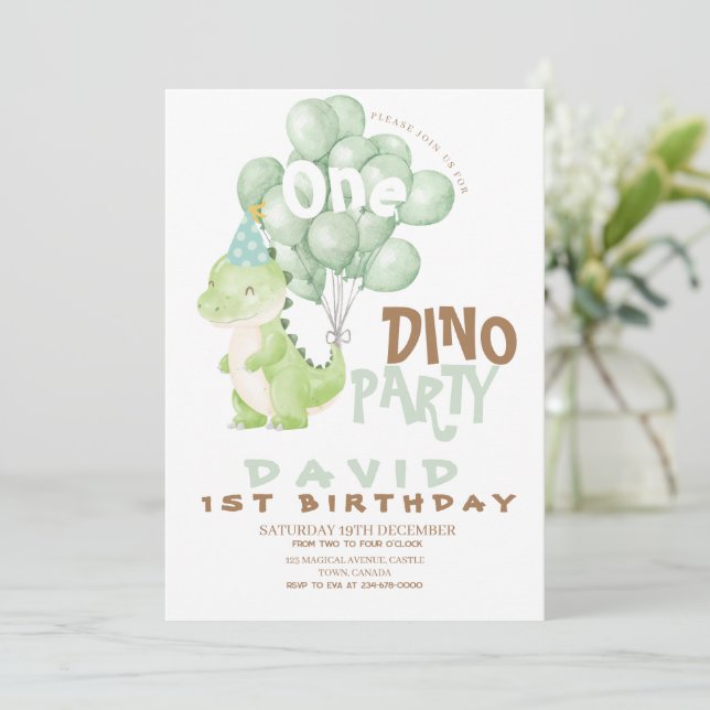 Invitación Globos de acuarela de primer cumpleaños de dinosau (Anverso de pie)