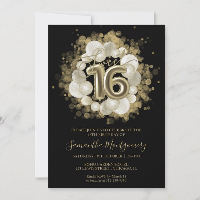 Invitación Globos de acuarela dorados y negros para Sweet 16 (Anverso)