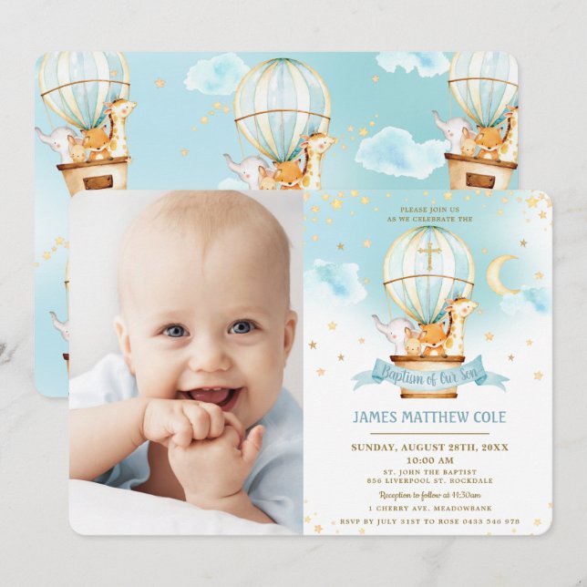 Invitación Globos de aire caliente Cute animales Bautismo Chr (Anverso / Reverso)