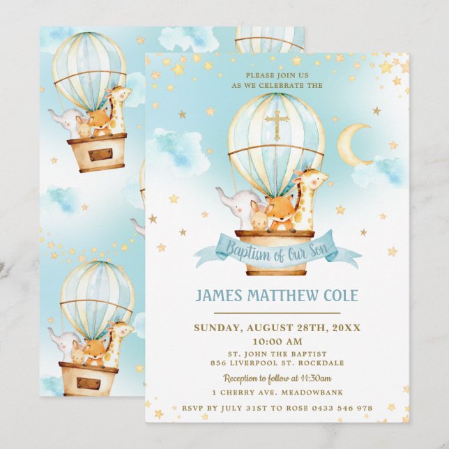 Invitación Globos de aire caliente Cute animales Bautismo Chr (Anverso / Reverso)