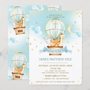Invitación Globos de aire caliente Cute animales Bautismo Chr