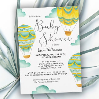 Invitación Globos de aire caliente de amarillo y agua Baby Sh