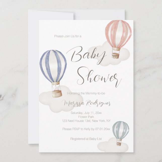 Invitación Globos de aire caliente de Baby Shower Neutrales (Anverso)