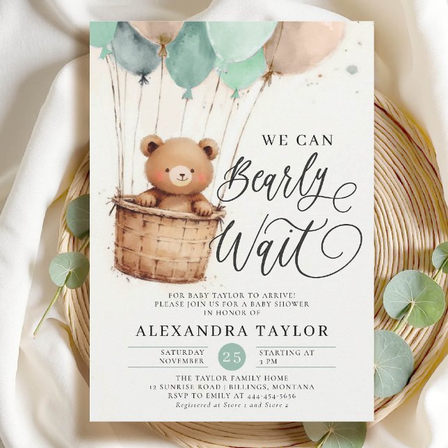 Invitación Globos de aire caliente de primera calidad Sage Gr (bearly wait baby shower invitation boy sage green hot air balloons whimsical calligraphy watercolor)