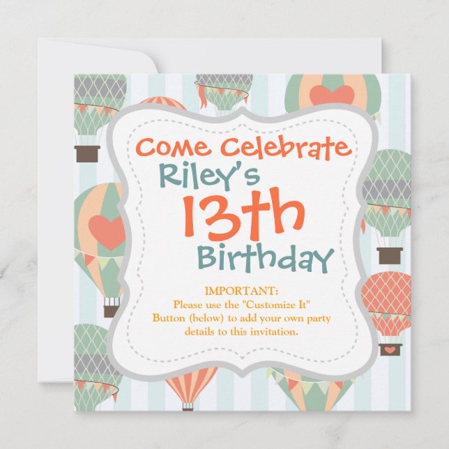 Invitación Globos de aire caliente en el Pastel azul a rayas (Anverso)