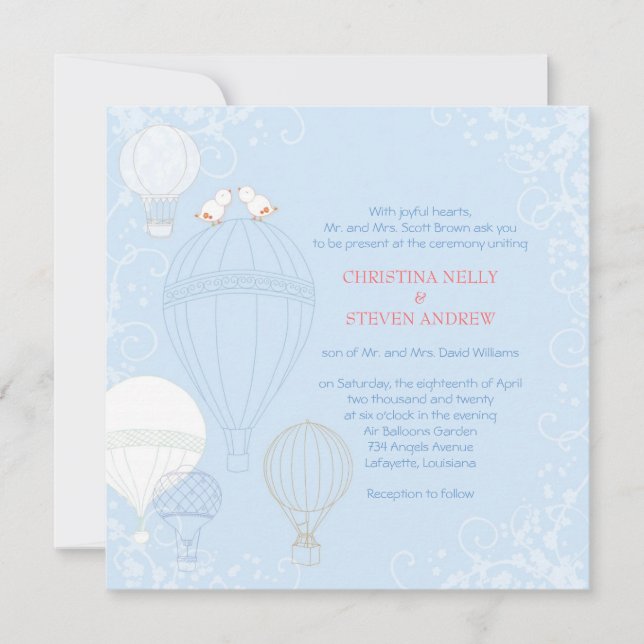 Invitación Globos de aire caliente Primavera Bebé Boda azul (Anverso)