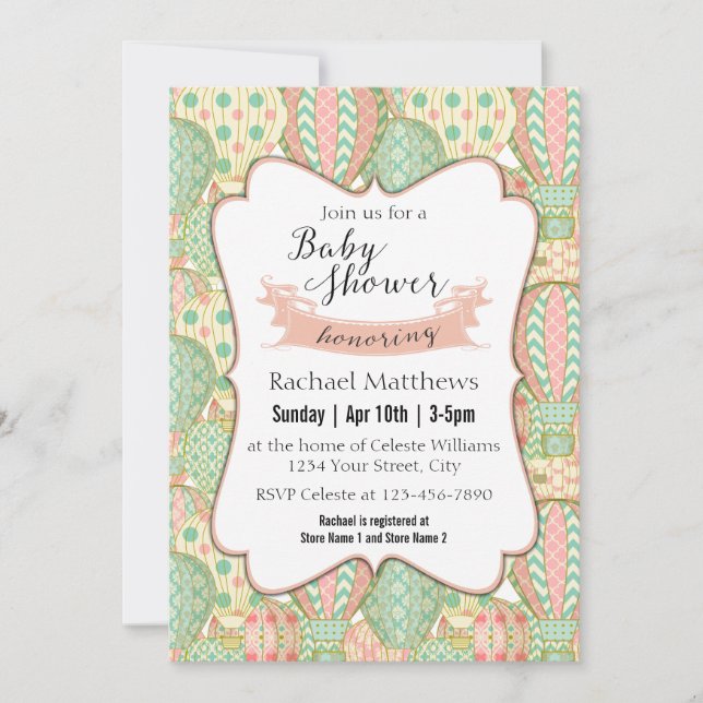 Invitación Globos de aire caliente rosados y acuáticos Baby S (Anverso)