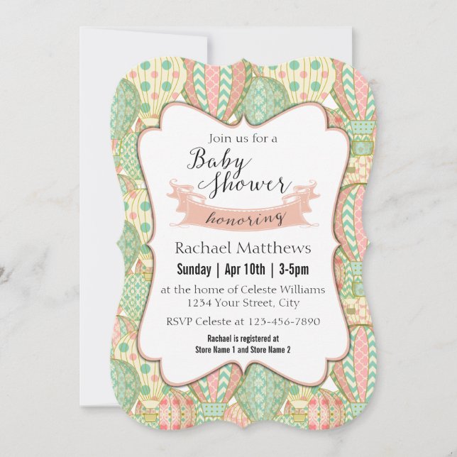Invitación Globos de aire caliente rosados y acuáticos Baby S (Anverso)