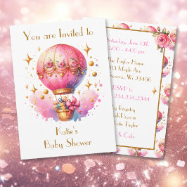 Invitación Globos de aire caliente rosados y dorados Baby Sho