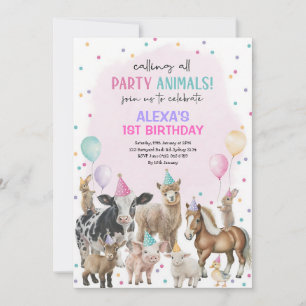 Invitación Globos de Animales de Granja Rosa Púrpura Cumpleañ