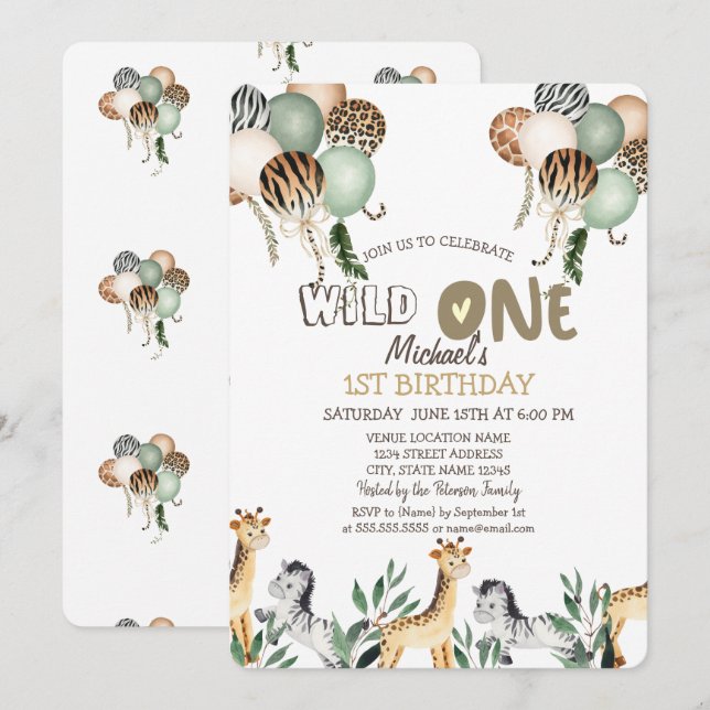 Invitación Globos de Animales de la Jungla Cumpleaños 1 (Anverso / Reverso)