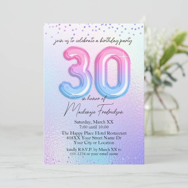 Invitación Globos de Arcoíris Irisado Cumpleaños 30 (Anverso de pie)
