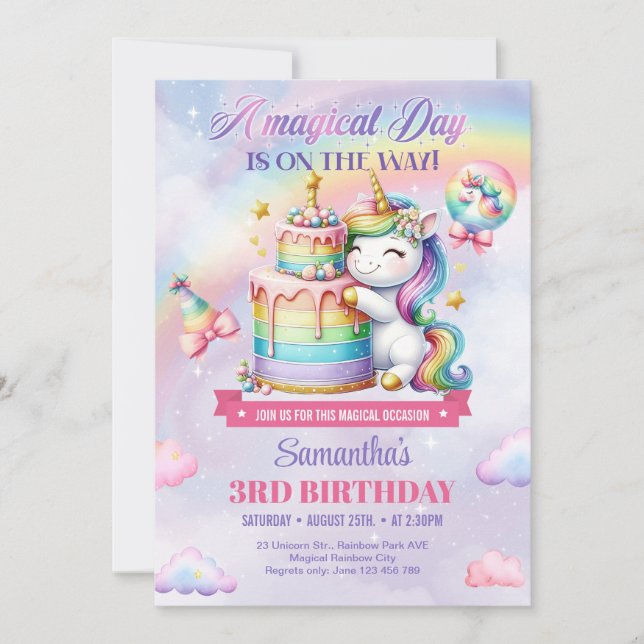 Invitación Globos de arcoíris Unicornio Rosa niñas tercer Cum (Anverso)
