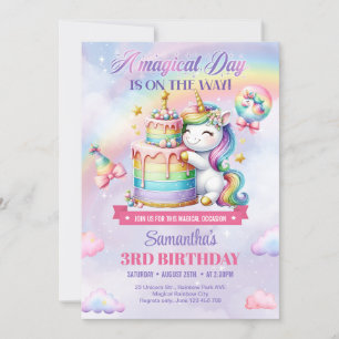 Invitación Globos de arcoíris Unicornio Rosa niñas tercer Cum