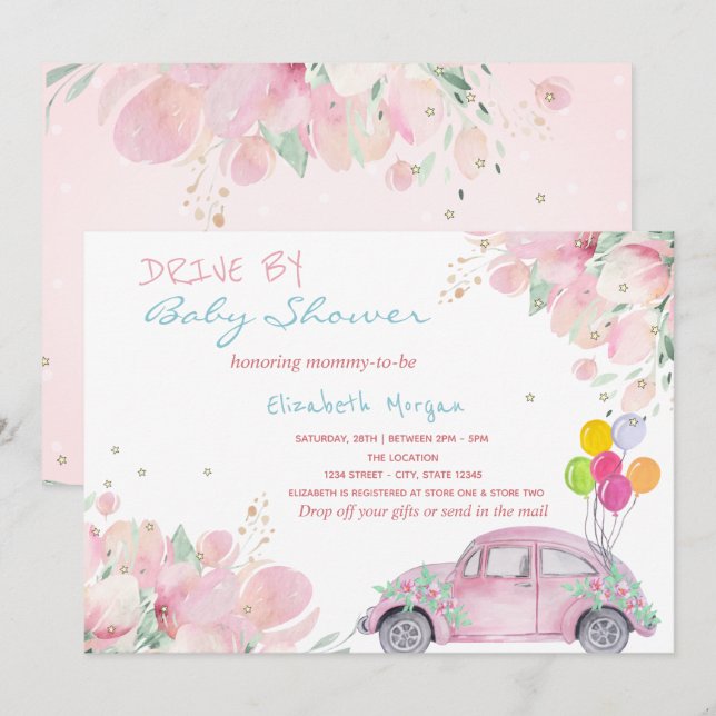 Invitación Globos de Auto Rosado Flores Shower de Bebé al Pas (Anverso / Reverso)