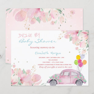 Invitación Globos de Auto Rosado Flores Shower de Bebé al Pas