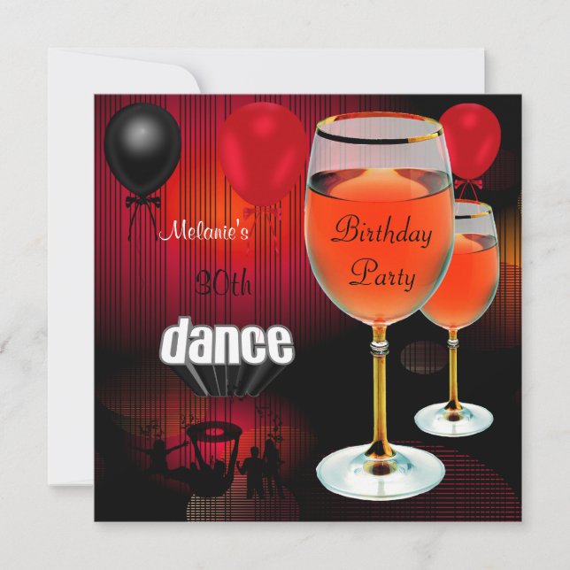 Invitación Globos de baile de vidrio de vino tinto de cumplea (Anverso)