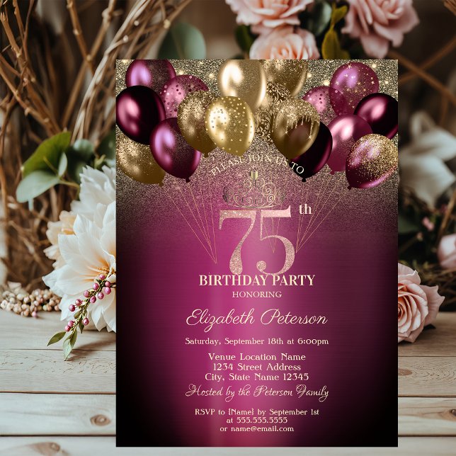 Invitación Globos de Borgoña con Brillo Cumpleaños 75 (Subido por el creador)