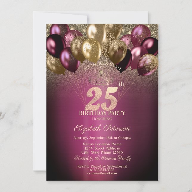 Invitación Globos de Borgoña con Purpurina Cumpleaños 25 (Anverso)