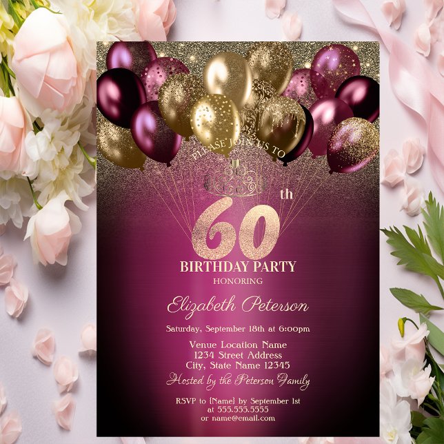 Invitación Globos de Borgoña con Purpurina Cumpleaños 60 (Subido por el creador)