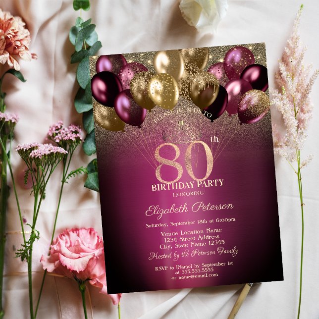 Invitación Globos de Borgoña con Purpurina Cumpleaños 80 (Subido por el creador)