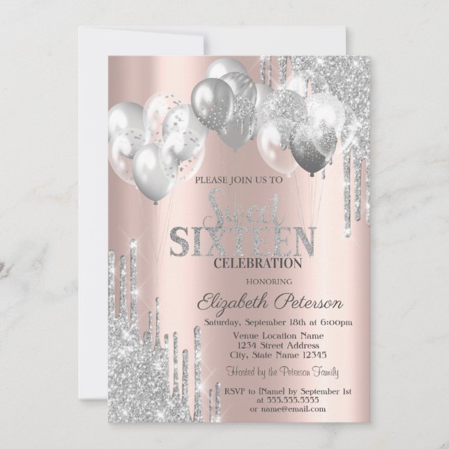 Invitación Globos de Brillo Plateado Chic con Goteo Dulces 16 (Anverso)