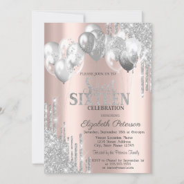 Invitación Globos de Brillo Plateado Chic con Goteo Dulces 16