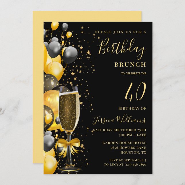 Invitación Globos de brunch de cumpleaños y champán (Anverso / Reverso)