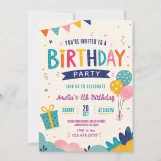 Invitación Globos de Bunting Coloridos Cumpleaños Niños