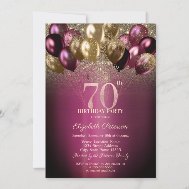 Invitación Globos de Burdeos Brillantes Cumpleaños 70 (Anverso)