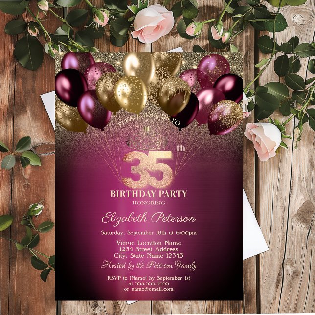 Invitación Globos de Burdeos Brillo Cumpleaños 35 (Subido por el creador)