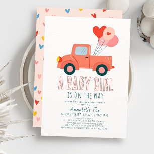 Invitación Globos de Camión Rosa para Baby Shower de Niña