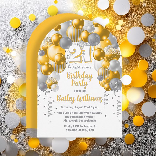 Invitación Globos de celebración amarilla Fiesta de cumpleaño (Golden Yellow, Silver Tone and White Balloon Arch and Confetti 21st Birthday Party Invitation)