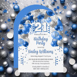 Invitación Globos de celebración azul Fiesta de cumpleaños 21<br><div class="desc">Celebre con estilo esta vibrante y llamativa invitación a la fiesta de cumpleaños número 21, que presenta un impresionante diseño de un arco de globo en cascada en tonos azules, y acentuado con blanco y gris. El audaz "21" del centro añade un toque lúdico pero moda, marcando perfectamente el tono...</div>
